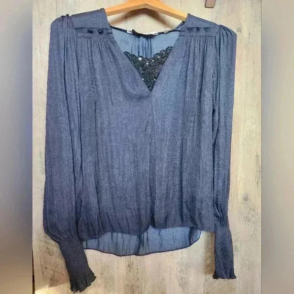 Rebecca Taylor The Neck Sateen Blouse Navy Blue Size Small Women’s - Picture 1 of 8